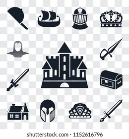 Set Of 13 transparent editable icons such as Castle, Sword, Crown, Armour, House, Chest, Dagger, Coif, web ui icon pack, transparency set