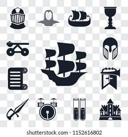 Set Of 13 transparent editable icons such as Caravel, Castle, Alchemy, Drum, Dagger, Trumpet, Scroll, Armour, Trebuchet, web ui icon pack, transparency set