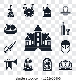 Set Of 13 transparent editable icons such as Castle, Crown, Stained glass window, Helmet, Fanfare, Armour, Dagger, Wine, Ship, web ui icon pack, transparency set