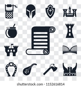 Set Of 13 transparent editable icons such as Scroll, Viking, Axe, Lute, Horseshoe, Bridge, Castle, Tower, Cauldron, web ui icon pack, transparency set