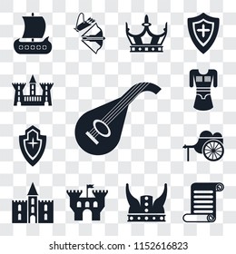 Set Of 13 transparent editable icons such as Lute, Scroll, Viking, Castle, Wheelbarrow, Shield, Tunic, web ui icon pack, transparency set
