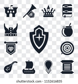 Set Of 13 transparent editable icons such as Shield, Scroll, Necklace, Viking ship, Lute, Archery, Standard, Cauldron, Viking, web ui icon pack, transparency set