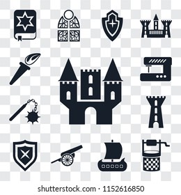 Set Of 13 transparent editable icons such as Castle, Water well, Viking ship, Cannon, Shield, Tower, Morning star, Sewing machine, Torch, web ui icon pack, transparency set