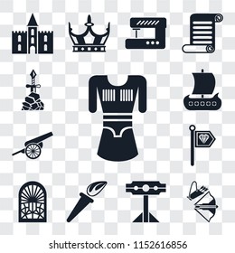 Set Of 13 transparent editable icons such as Tunic, Crossbow, Pillory, Torch, Stained glass window, Standard, Cannon, Viking ship, Excalibur, web ui icon pack, transparency set