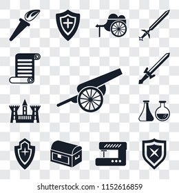 Set Of 13 transparent editable icons such as Cannon, Shield, Sewing machine, Chest, Alchemy, Castle, Sword, Scroll, web ui icon pack, transparency set