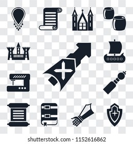 Set Of 13 transparent editable icons such as Lance, Shield, Gauntlet, Book, Scroll, Bladder pipe, Sewing machine, Viking ship, Castle, web ui icon pack, transparency set