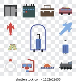 Set Of 13 transparent editable icons such as Bellhop, Railway, Sunset, Snorkel, Ring, Luggage, Swimsuit, Plane, Airplane, web ui icon pack, transparency set