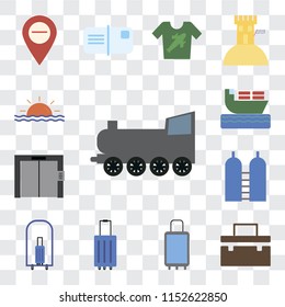 Set Of 13 transparent editable icons such as Railway, Suitcase, Suitcases, Luggage, Bellhop, Oxygen, Elevator, Ship, Sunset, web ui icon pack, transparency set