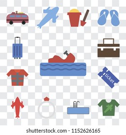 Set Of 13 transparent editable icons such as Water craft, Shirt, Swimming pool, Ring, Airplane, Tickets, Lifejacket, Suitcase, Luggage, web ui icon pack, transparency set