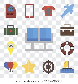 Set Of 13 transparent editable icons such as Waiting room, Parasailing, Helm, Starfish, Balloon, Lifebuoy, Gps, Suitcase, web ui icon pack, transparency set