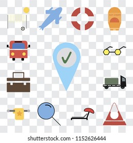 Set Of 13 transparent editable icons such as Check in, Purse, Sunbed, Search, Towel, Trailer, Suitcase, Sunglasses, Bus, web ui icon pack, transparency set