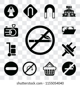 Set Of 13 transparent editable icons such as No smoking, Shopping basket, turn, Forbidden, plug, Trolley, Wallet, Camera, web ui icon pack, transparency set
