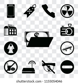 Set Of 13 transparent editable icons such as Wallet, Forbidden, Hidden, Wifi, No food, Skateboard, Restroom, Camera, Mall, web ui icon pack, transparency set