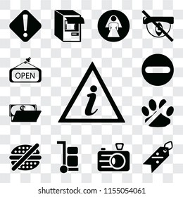 Set Of 13 transparent editable icons such as Information point, Discount, Camera, Trolley, No fast food, pets, Wallet, Forbidden, Open, web ui icon pack, transparency set