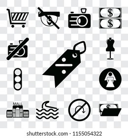 Set Of 13 transparent editable icons such as Discount, Wallet, No turn, Wave, Mall, Restroom, Traffic light, Mannequin, camera, web ui icon pack, transparency set