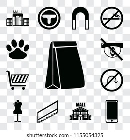 Set Of 13 transparent editable icons such as Paper bag, Smarthphone, Mall, Stairs, Mannequin, No turn, Shopping cart, Hidden, Pet, web ui icon pack, transparency set