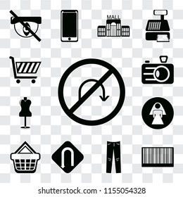 Set Of 13 transparent editable icons such as No turn, Barcode, Jeans, Turn, Shopping basket, Restroom, Mannequin, Camera, cart, web ui icon pack, transparency set