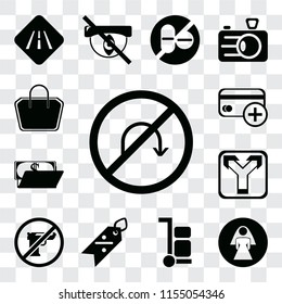 Set Of 13 transparent editable icons such as No turn, Restroom, Trolley, Discount, Gun, Junction, Wallet, Cit card, Tote bag, web ui icon pack, transparency set