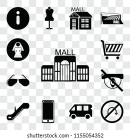 Set Of 13 transparent editable icons such as Mall, No turn, Bus, Smarthphone, Escalator, Hidden, Glasses, Shopping cart, Restroom, web ui icon pack, transparency set