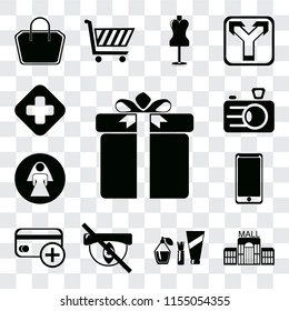 Set Of 13 transparent editable icons such as Gift, Mall, Cosmetics, Hidden, Cit card, Smarthphone, Restroom, Camera, Hospital, web ui icon pack, transparency set