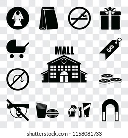 Set Of 13 transparent editable icons such as Mall, Magnet, Cosmetics, Fast food, Hidden, Coins, No turn, Price, Baby carriage, web ui icon pack, transparency set