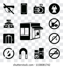 Set Of 13 transparent editable icons such as Store, No smoking, Electrical appliances, Magnet, water, turn, Lift, food, Mall, web ui icon pack, transparency set