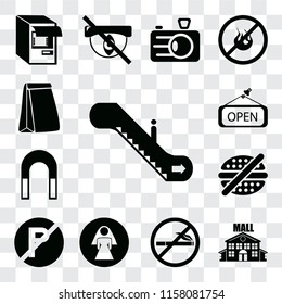 Set Of 13 transparent editable icons such as Escalator, Mall, No smoking, Restroom, parking, fast food, Magnet, Open, Paper bag, web ui icon pack, transparency set
