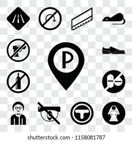 Set Of 13 transparent editable icons such as Parking, Restroom, Junction, Hidden, Boy, No drugs, alcohol, Shoes, Gun, web ui icon pack, transparency set