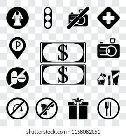 Set Of 13 transparent editable icons such as Money, Restaurant, Gift, Gun, No turn, Cosmetics, drugs, Camera, Parking, web ui icon pack, transparency set