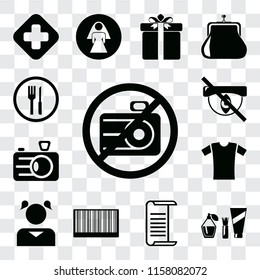 Set Of 13 transparent editable icons such as No camera, Cosmetics, List, Barcode, Girl, Shirt, Camera, Hidden, Restaurant, web ui icon pack, transparency set