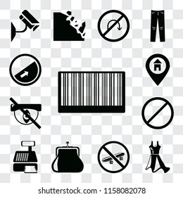 Set Of 13 transparent editable icons such as Barcode, Dress, Skateboard, Purse, Cashier machine, Forbidden, Hidden, Location, Slope, web ui icon pack, transparency set