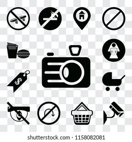 Set Of 13 transparent editable icons such as Camera, Cctv, Shopping basket, No turn, Hidden, Baby carriage, Price, Restroom, Fast food, web ui icon pack, transparency set