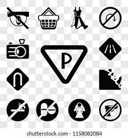 Set Of 13 transparent editable icons such as Parking, Gun, Restroom, No drugs, smoking, Falling rocks, Turn, Road, Camera, web ui icon pack, transparency set