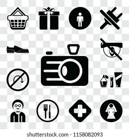 Set Of 13 transparent editable icons such as Camera, Restroom, Hospital, Restaurant, Boy, Cosmetics, No turn, Hidden, Shoes, web ui icon pack, transparency set