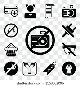Set Of 13 transparent editable icons such as No camera, Restroom, Sale, Junction, smoking, Hidden, Shopping basket, plug, turn, web ui icon pack, transparency set