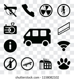 Set Of 13 transparent editable icons such as Bus, Pet, Mall, Skateboard, No alcohol, Wifi, Information, Stairs, Camera, web ui icon pack, transparency set