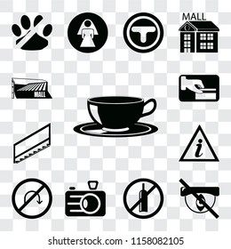 Set Of 13 transparent editable icons such as Coffee cup, Hidden, No alcohol, Camera, turn, Information point, Stairs, Card payment, Mall, web ui icon pack, transparency set
