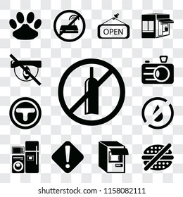 Set Of 13 transparent editable icons such as No alcohol, fast food, Atm, Warning, Electrical appliances, water, Junction, Camera, Hidden, web ui icon pack, transparency set