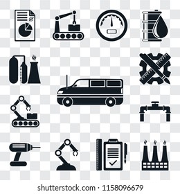 Set Of 13 transparent editable icons such as Cargo truck, Factory, Plan, Robotic arm, Drill, Pipe, Conveyor, Planning, Refinery, web ui icon pack, transparency set