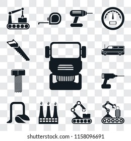 Set Of 13 Transparent Editable Icons Such As Truck, Conveyor, Factory, Vacuum, Drill, Bolt, Cargo Truck, Saw, Web Ui Icon Pack, Transparency Set