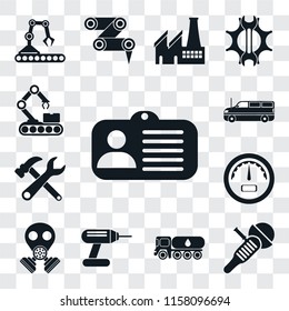 Set Of 13 transparent editable icons such as Id card, Sanding machine, Tank truck, Drill, Gas mask, Gauge, Tools, Cargo Conveyor, web ui icon pack, transparency set