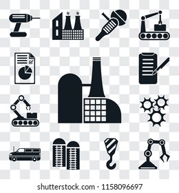 Set Of 13 transparent editable icons such as Factory, Industrial robot, Crane, Silo, Cargo truck, Cogwheel, Conveyor, Planing, Plan, web ui icon pack, transparency set