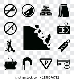 Set Of 13 transparent editable icons such as Falling rocks, Cit card, Parking, Magnet, Tote bag, Sale, Dress, Camera, No turn, web ui icon pack, transparency set