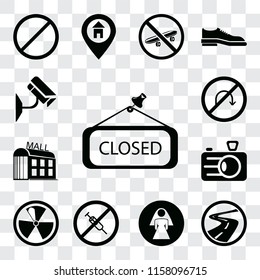 Set Of 13 transparent editable icons such as Closed, Roads, Restroom, No drugs, Radiation, Camera, Mall, turn, Cctv, web ui icon pack, transparency set