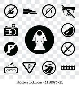 Set Of 13 transparent editable icons such as Restroom, Train, Roads, Parking, Closed, No drugs, parking, Slope, Camera, web ui icon pack, transparency set