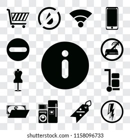 Set Of 13 transparent editable icons such as Information, Electricity, Discount, Electrical appliances, Wallet, Trolley, Mannequin, No wifi, Forbidden, web ui icon pack, transparency set