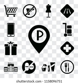 Set Of 13 transparent editable icons such as Parking, Restaurant, Cosmetics, No drugs, Mall, Hospital, Gift, Trolley, Smarthphone, web ui icon pack, transparency set