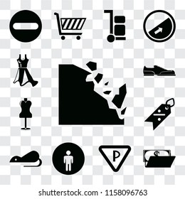 Set Of 13 transparent editable icons such as Falling rocks, Wallet, Parking, Restroom, Rats, Discount, Mannequin, Shoes, Dress, web ui icon pack, transparency set