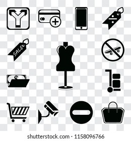 Set Of 13 transparent editable icons such as Mannequin, Tote bag, Forbidden, Cctv, Shopping cart, Trolley, Wallet, Skateboard, Sale, web ui icon pack, transparency set