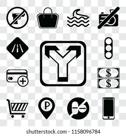 Set Of 13 transparent editable icons such as Junction, Smarthphone, No drugs, Parking, Shopping cart, Money, Cit card, Traffic light, Road, web ui icon pack, transparency set